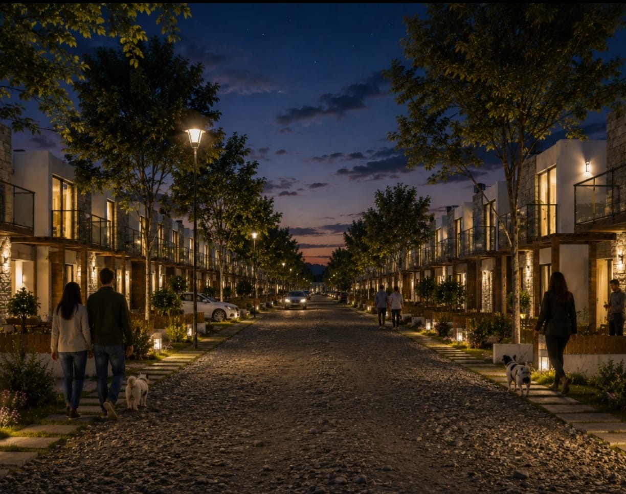 Familia paseando de noche por el barrio