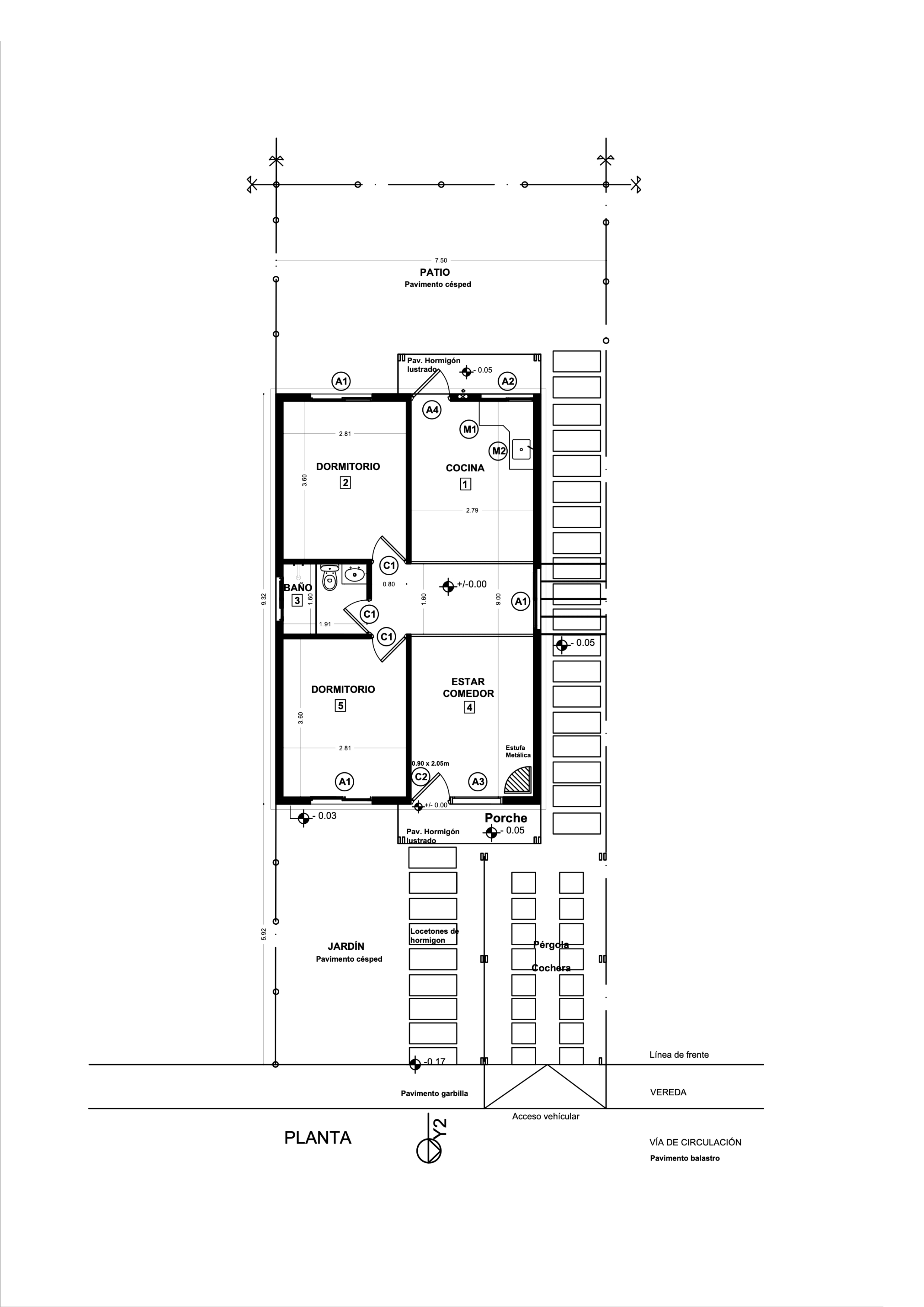 Plano arquitectónico de vivienda de 1 nivel